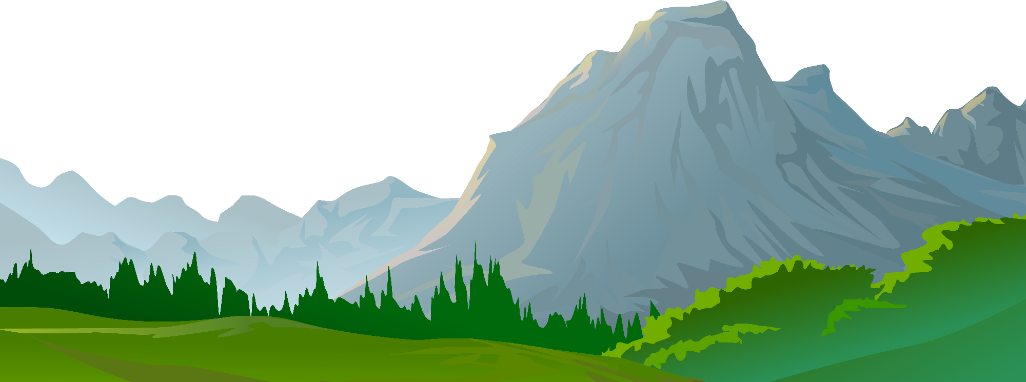 A sprawling landscape of green grass, pines, and tall mountains.